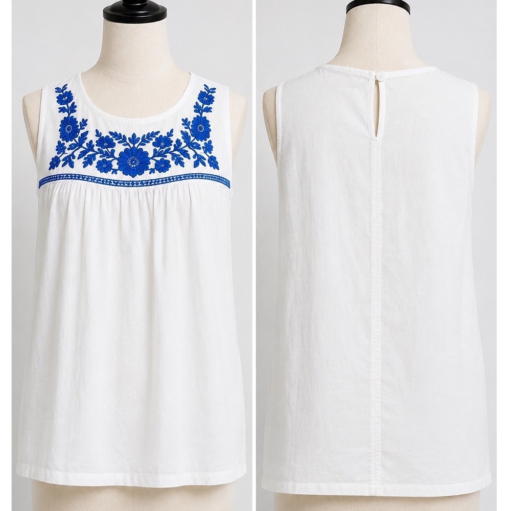 J.Crew Tank Blouse Womens 8 White Blue Floral Embroidered Linen Cotton Peasant
